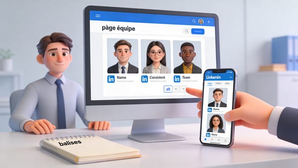 Portraits collaborateurs cohérents sur site et réseaux montrant optimisation SEO des photos et présence en ligne uniforme